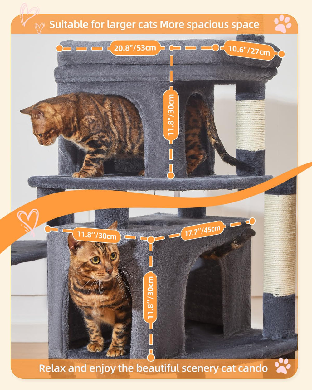 Taoqimiao cat tree cat pole adds vertical exercise and claw-satisfying play.