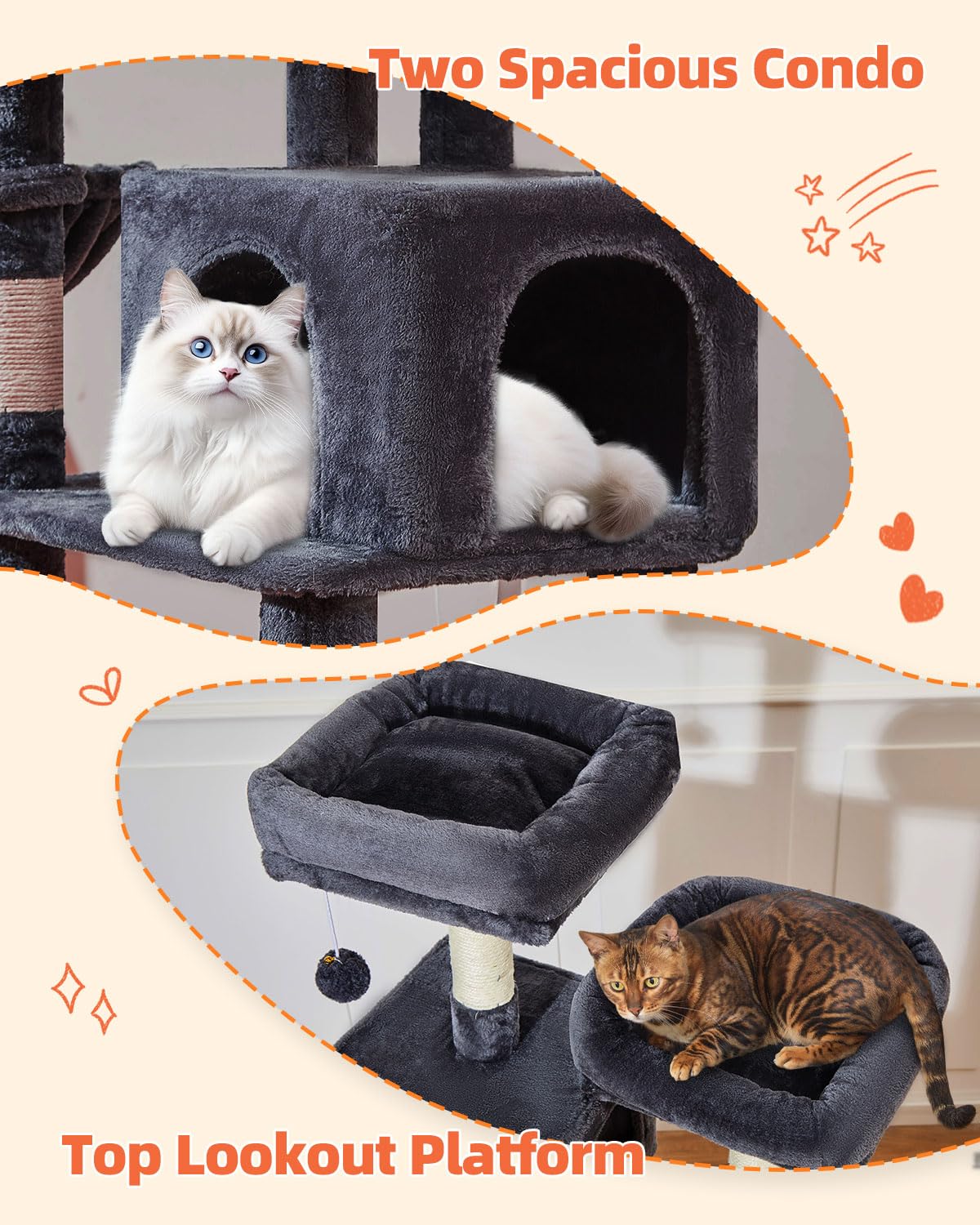 Taoqimiao Cat Tree caves offer private hideaways for shy cats.