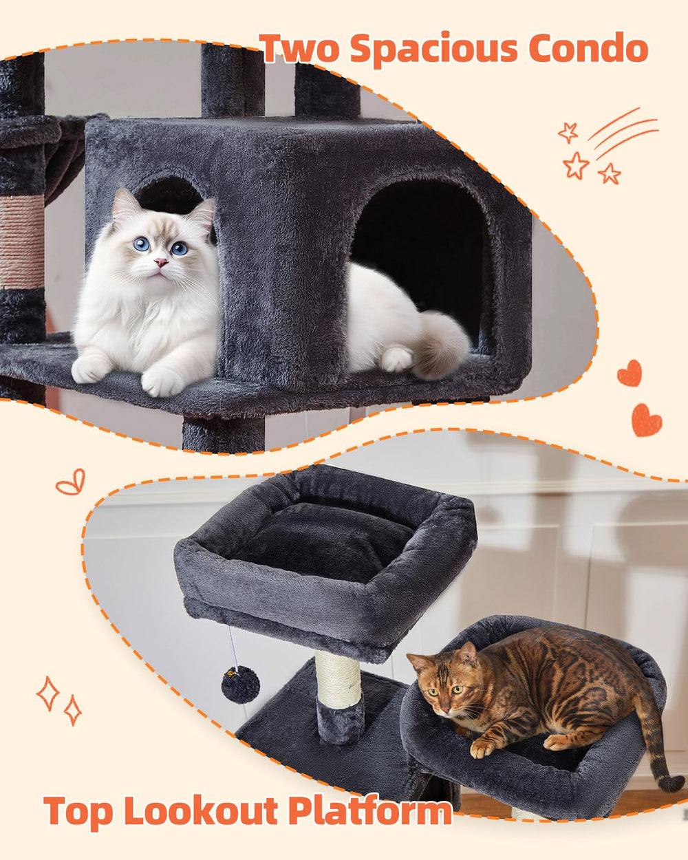Taoqimiao Cat Tree caves offer private hideaways for shy cats.