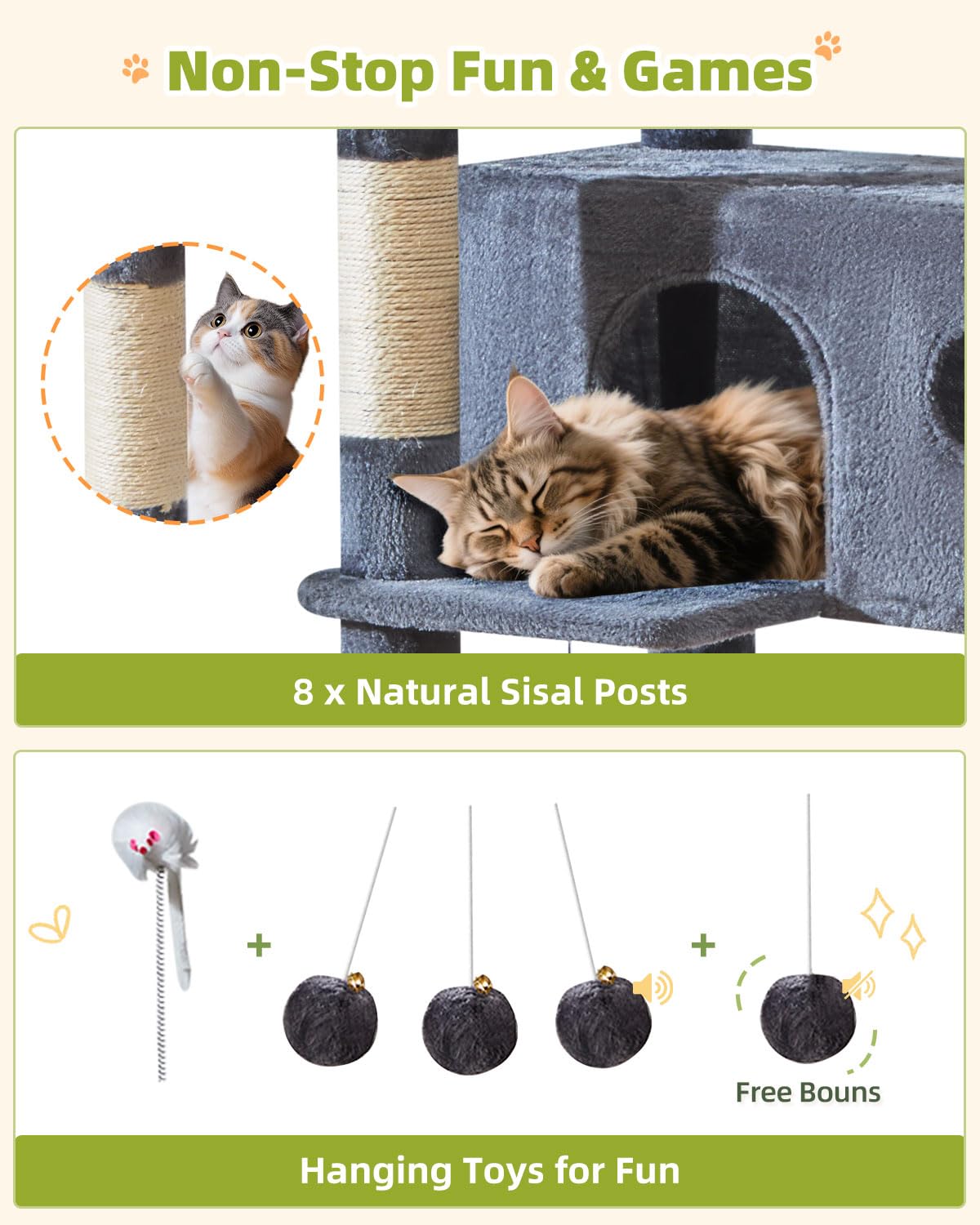 Taoqimiao cat tree soft flannel cover is comfy and easy to clean.
