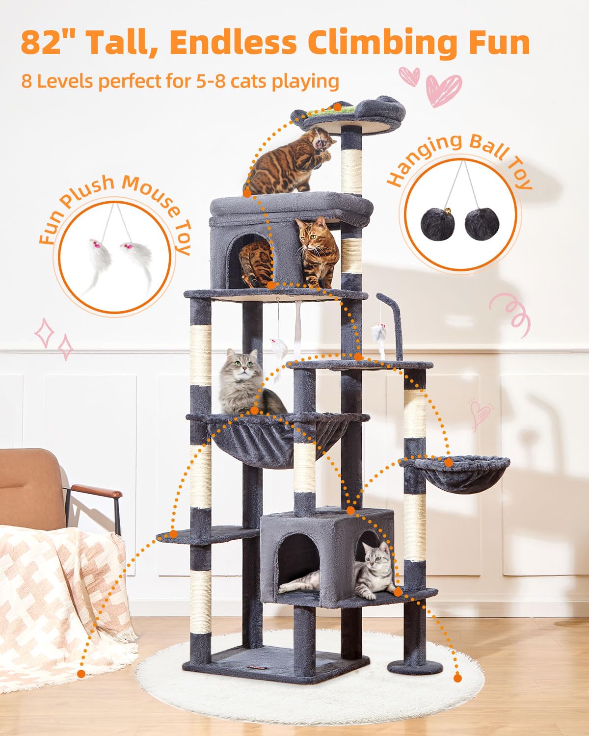 Taoqimiao cat tree four spacious zones support multi-cat comfort.