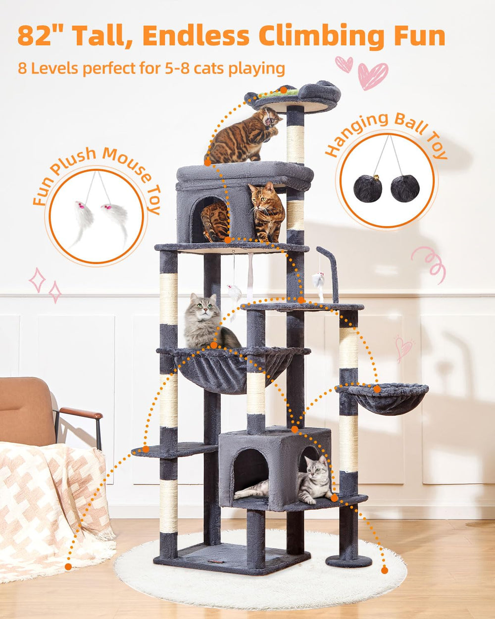 Taoqimiao cat tree four spacious zones support multi-cat comfort.