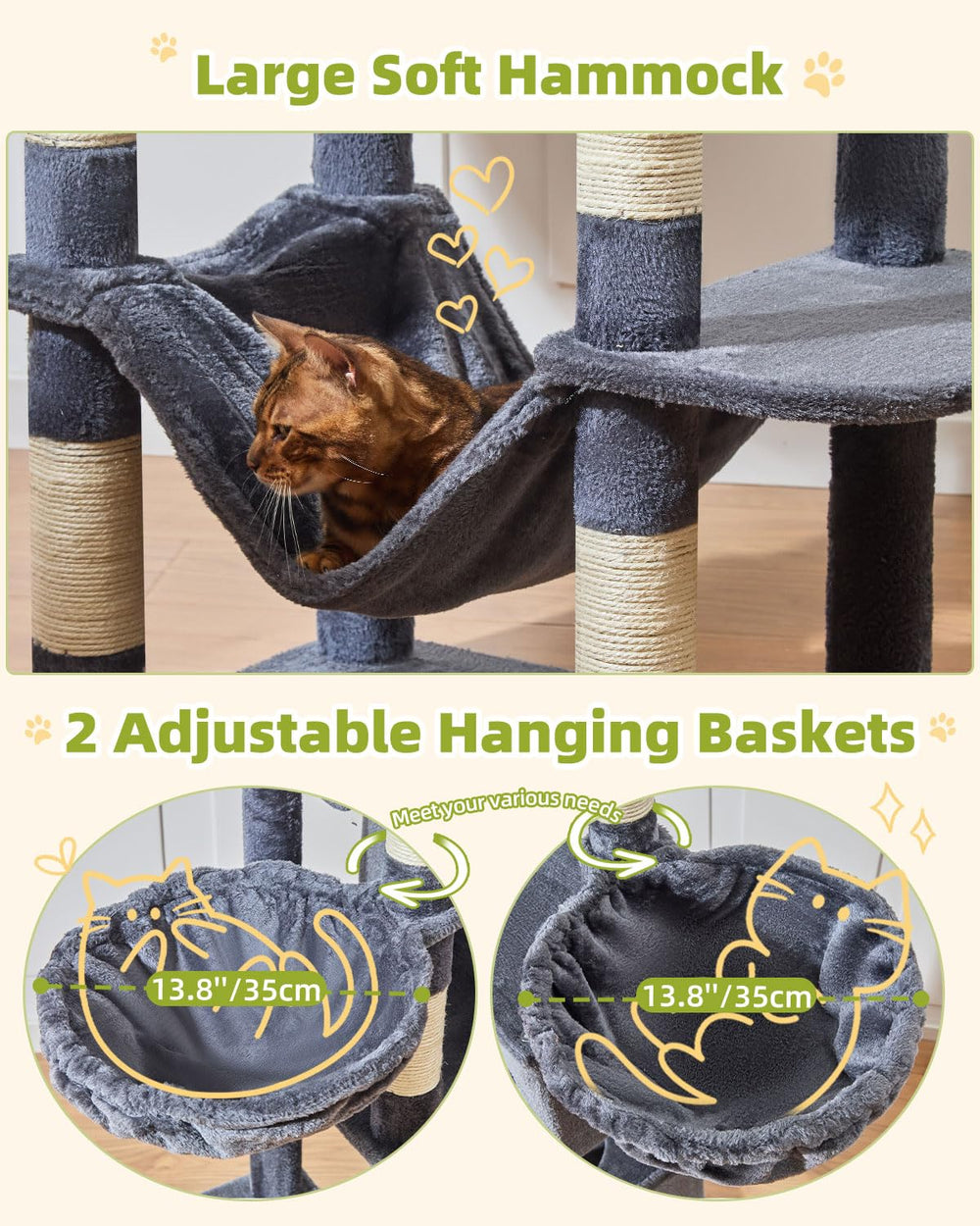 Taoqimiao cat tree habitat baskets deliver elevated cozy spots for naps.