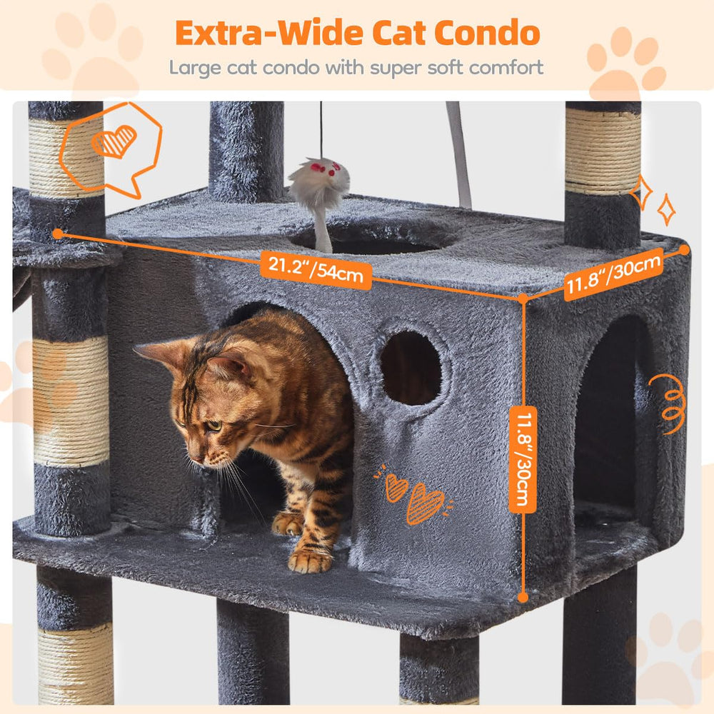 Taoqimiao cat tree featuring two large condos and a hammock for lounging