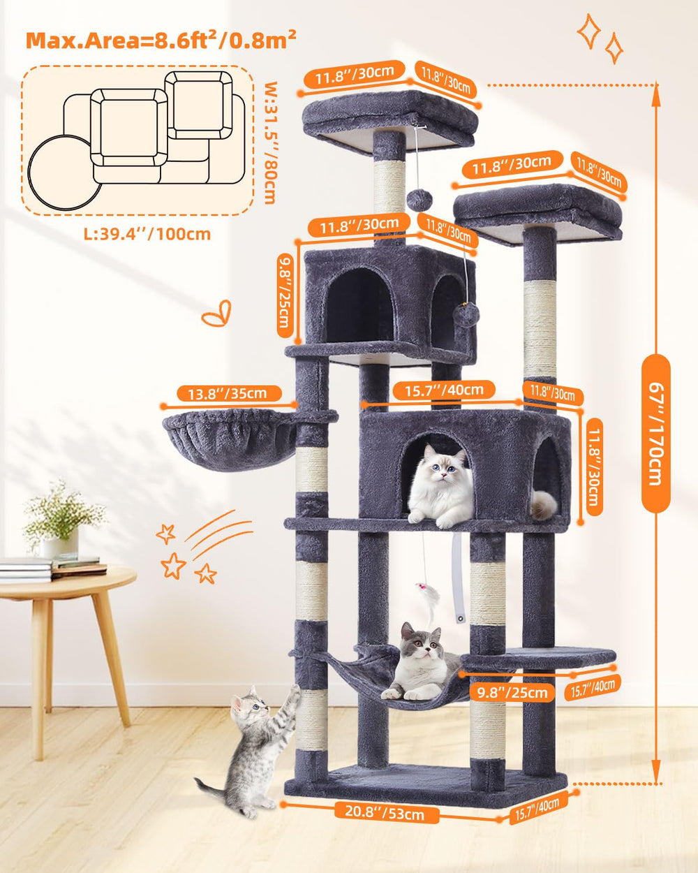 Taoqimiao Cat Tree hammock offers cozy lounging for relaxed cats.