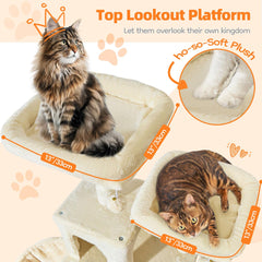 Taoqimiao hammock and plush toy included on cat tree for lounging.