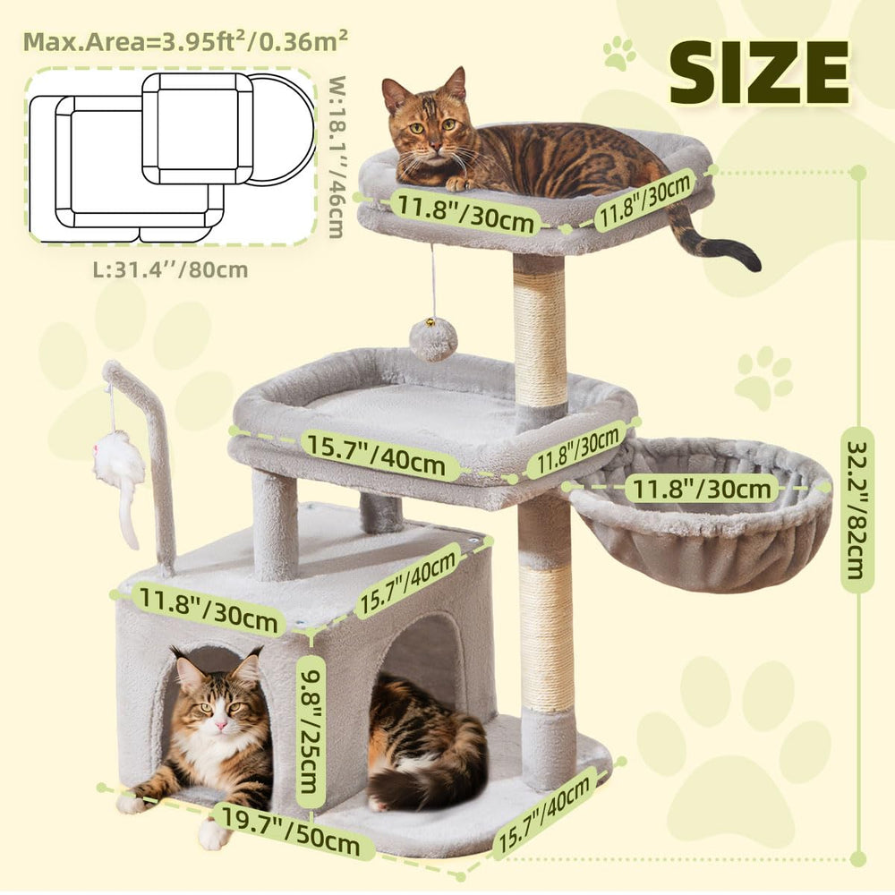 Taoqimiao cat tree hanging basket offers cozy plush nap space.