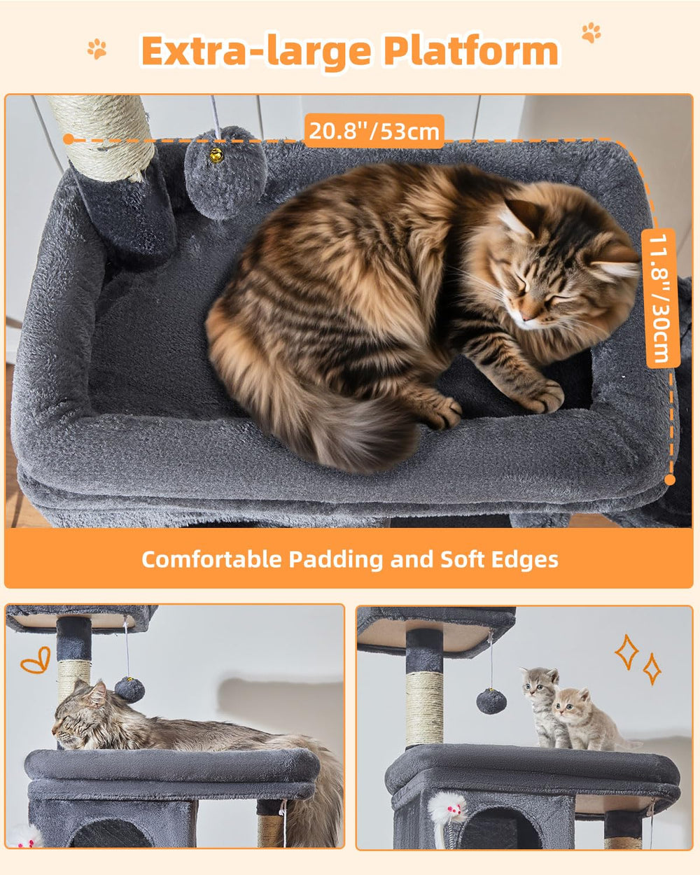 Oversized platform 20.8x11.8 inches for large cats to lounge.