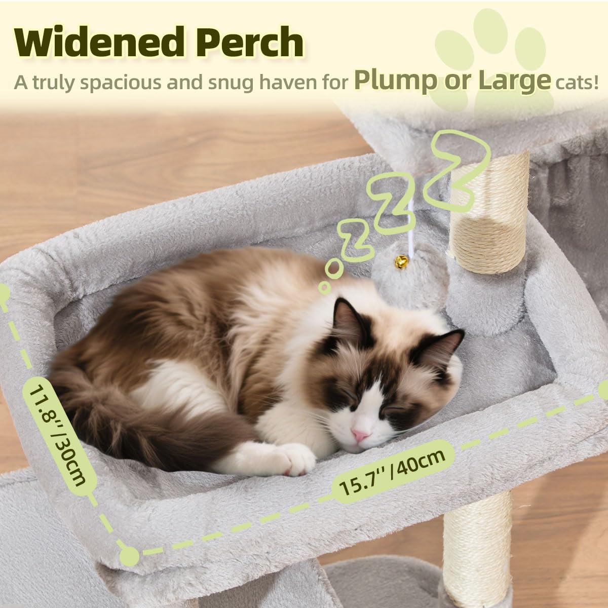Taoqimiao cat tree platform highlights extra-wide resting space for lounging.