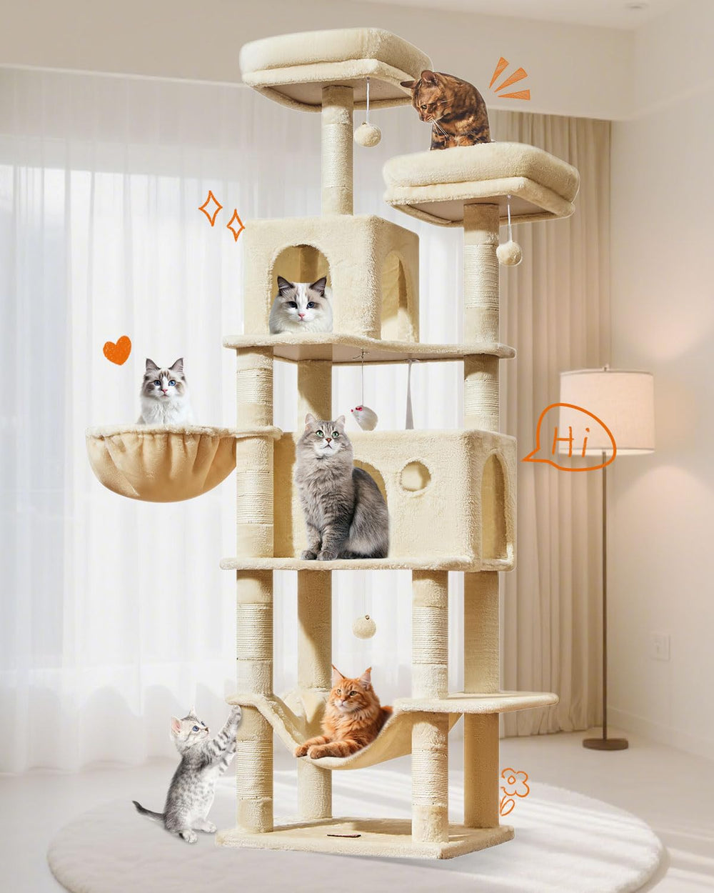 Taoqimiao plush toys on cat tree for playful feline interaction.