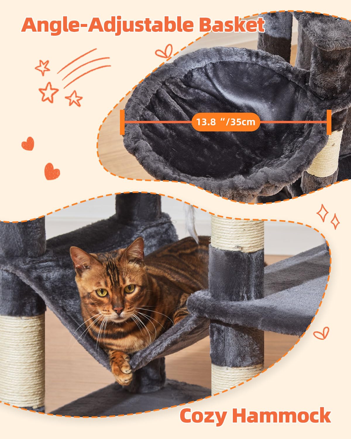 Taoqimiao Cat Tree scratching posts help protect furniture while entertaining cats.