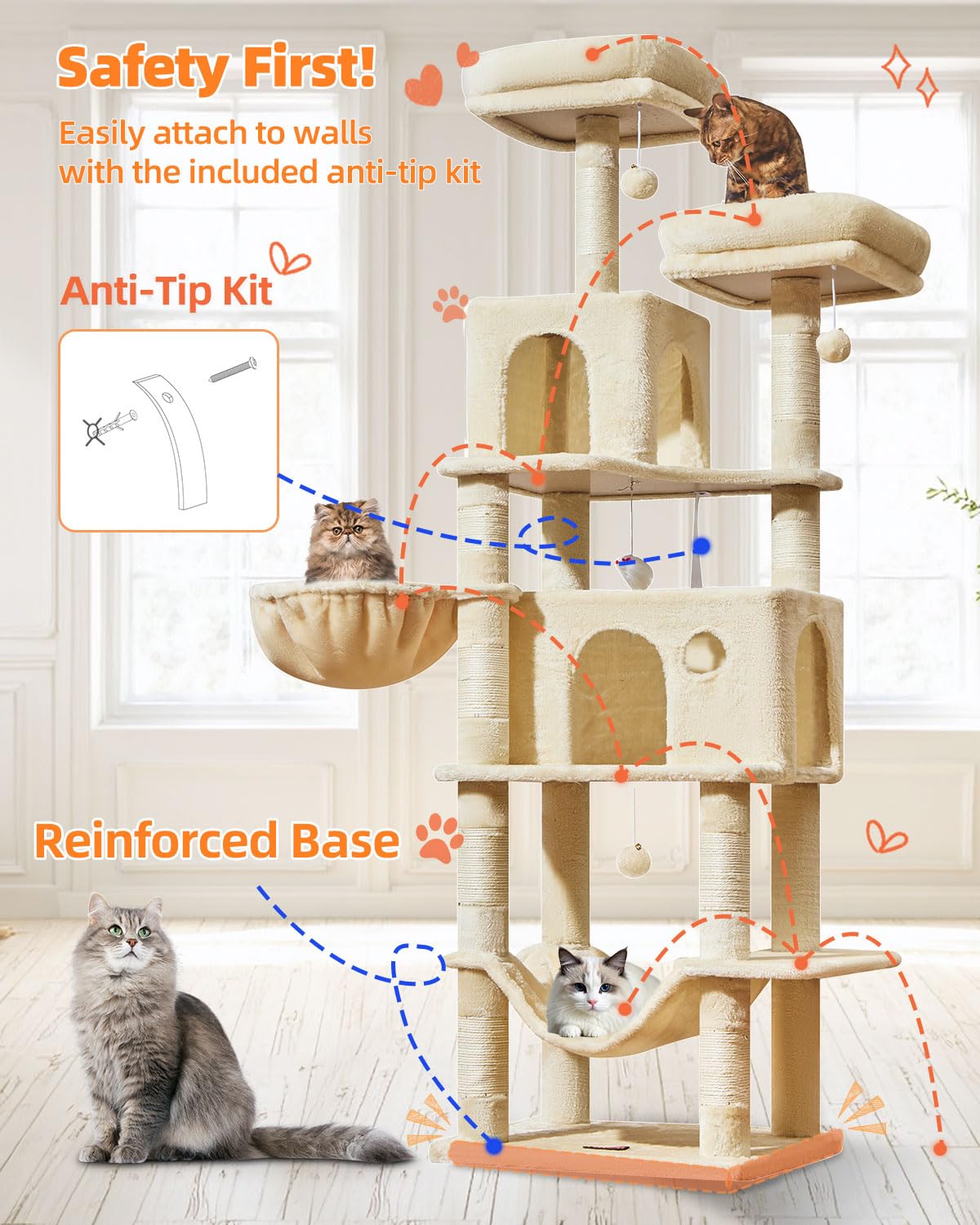 Taoqimiao sisal posts on cat tree for claws care and scratching.