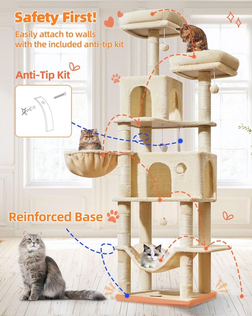 Taoqimiao sisal posts on cat tree for claws care and scratching.