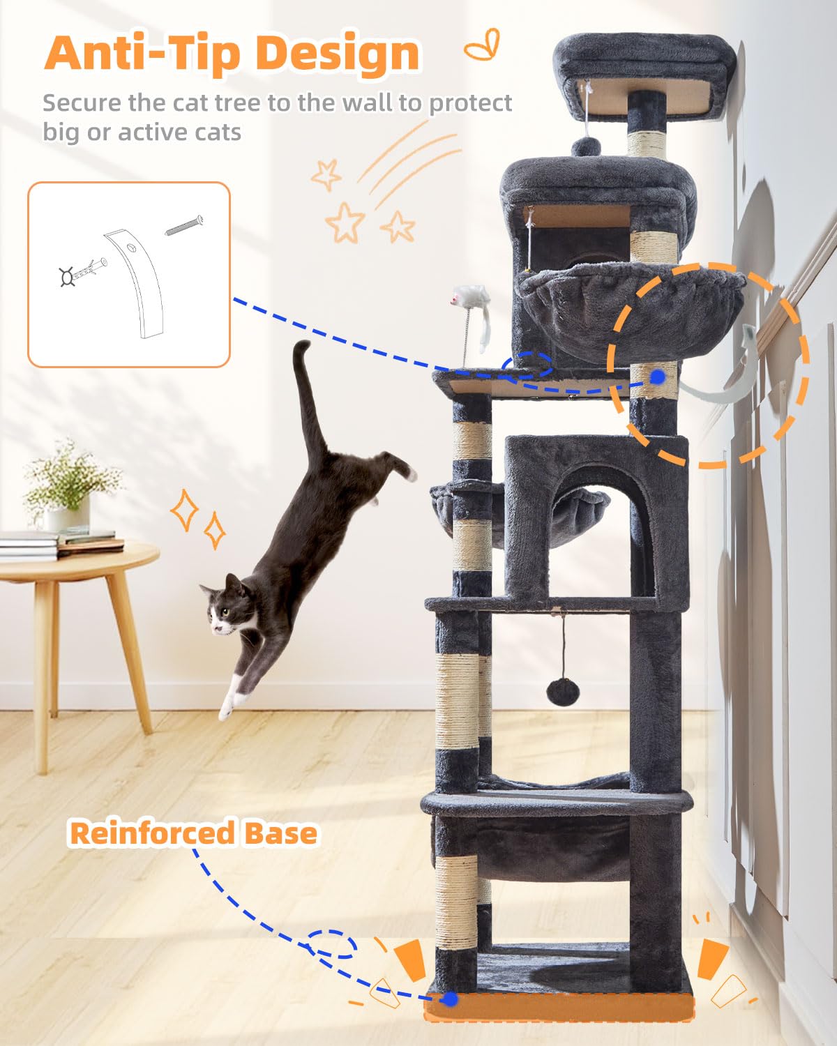 Natural sisal scratching posts encourage paw care and play.