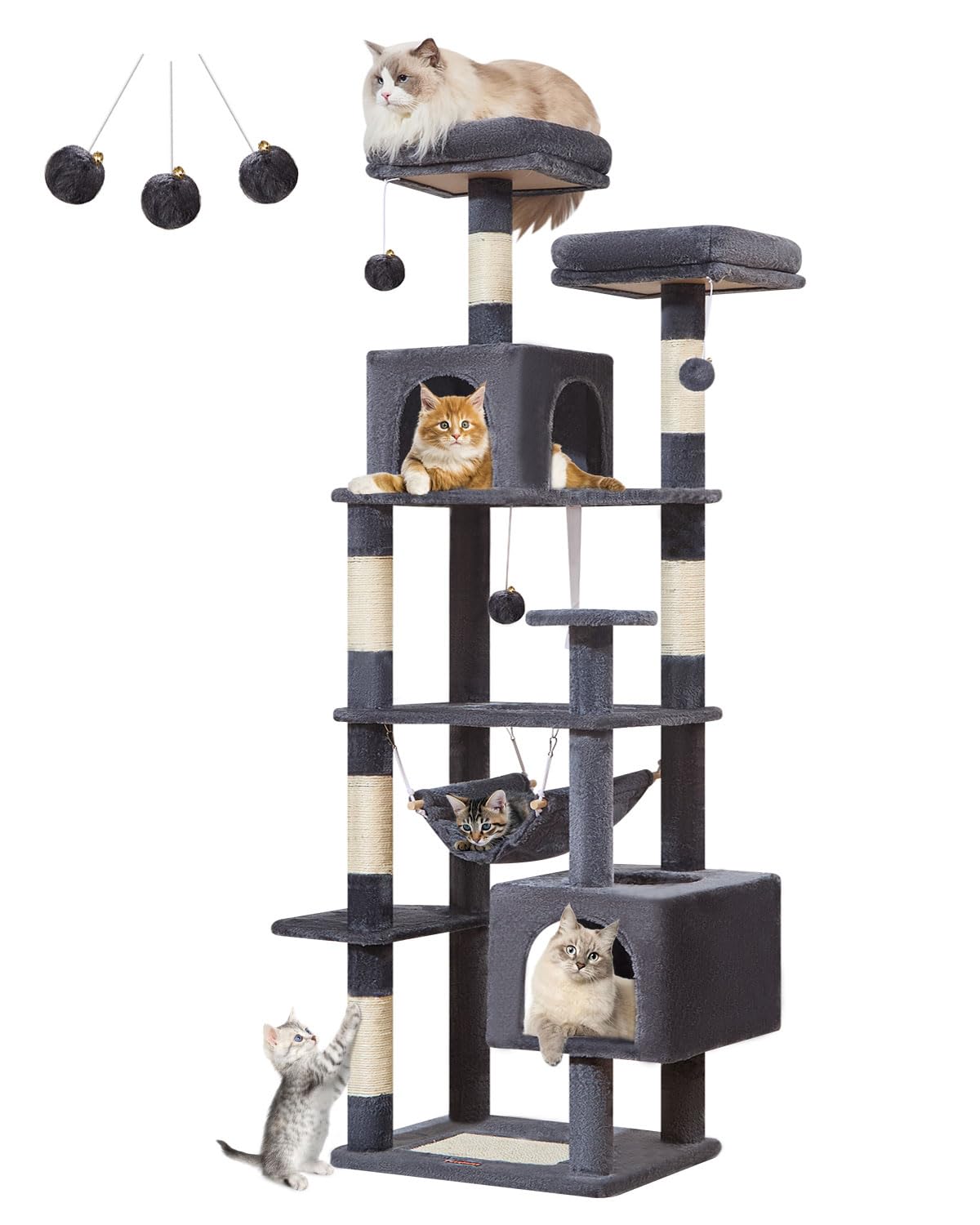 Taoqimiao cat-tree smoky-gray base stabilizes tall playtime.