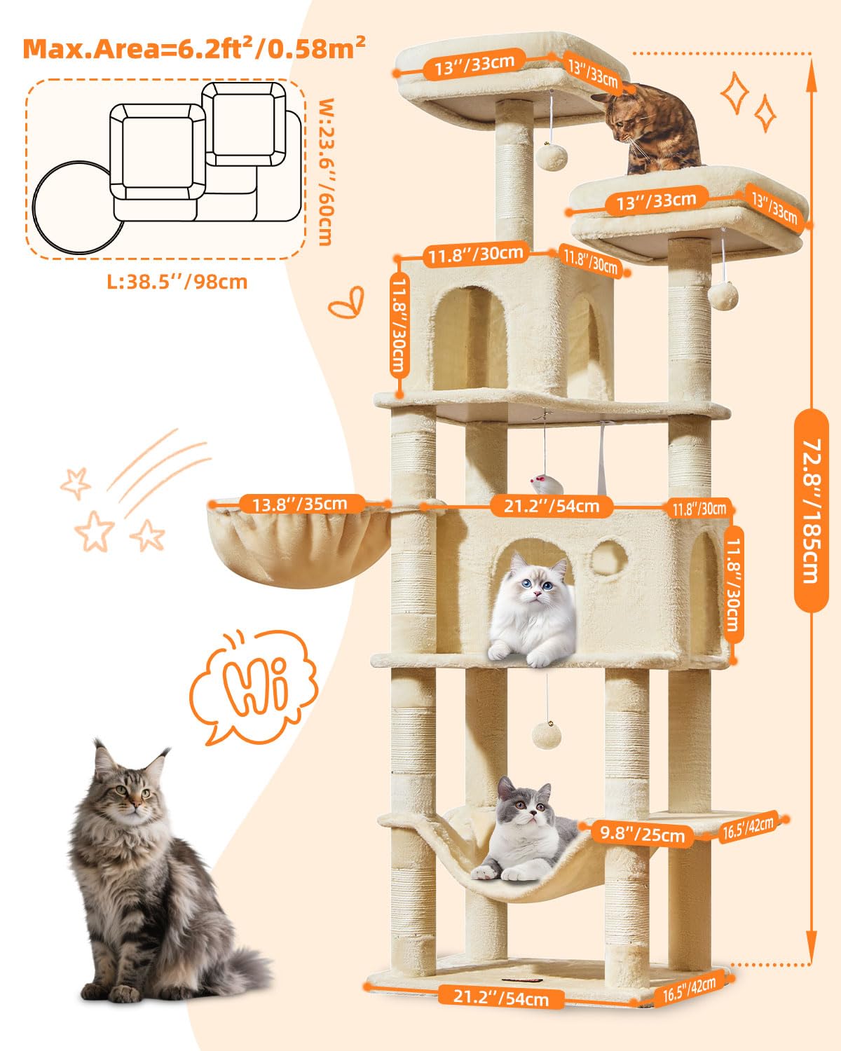 Taoqimiao 73-inch cat tree top condos for cozy lounging.