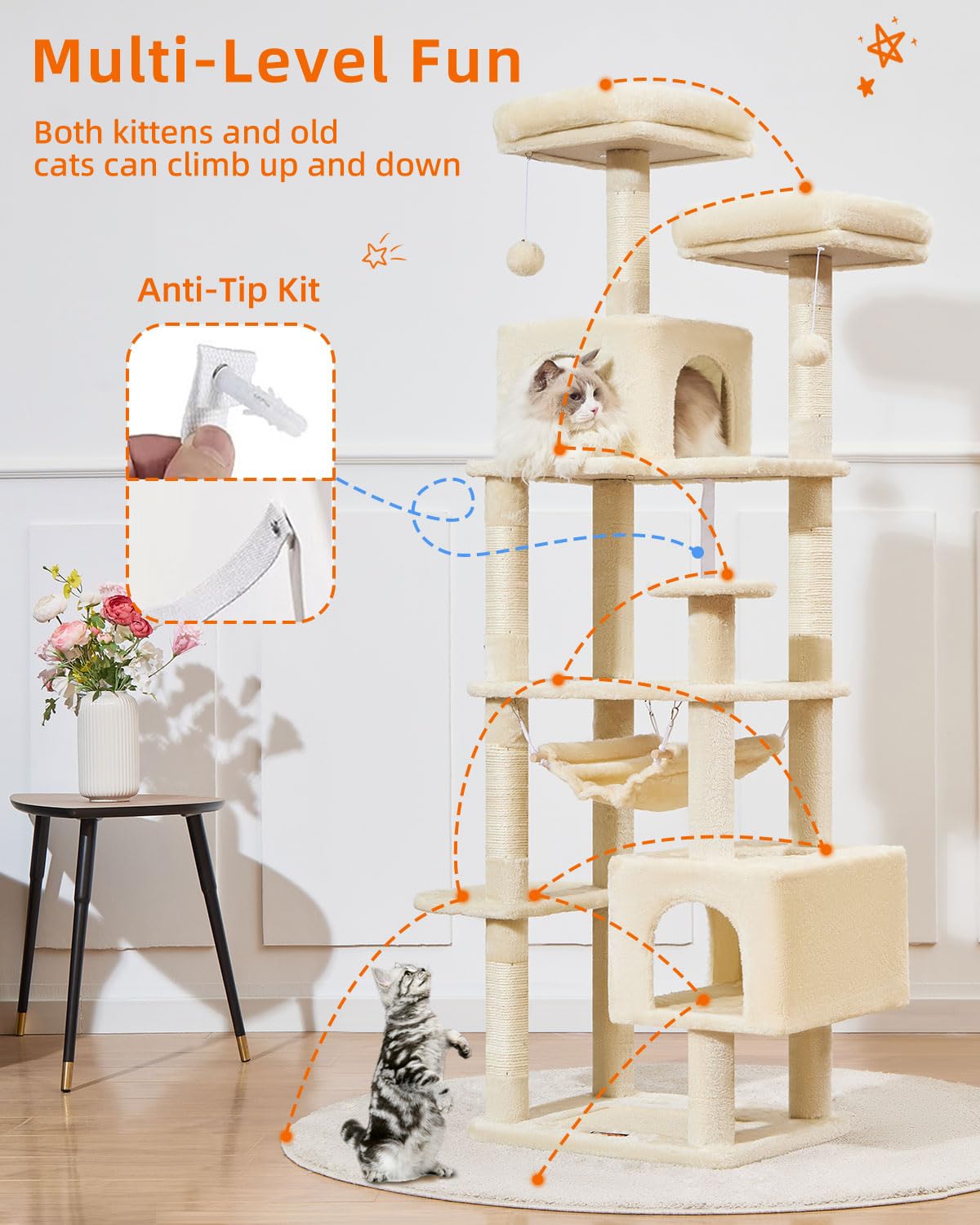Taoqimiao MS020SM beige cat tree spacious hammock for lounging
