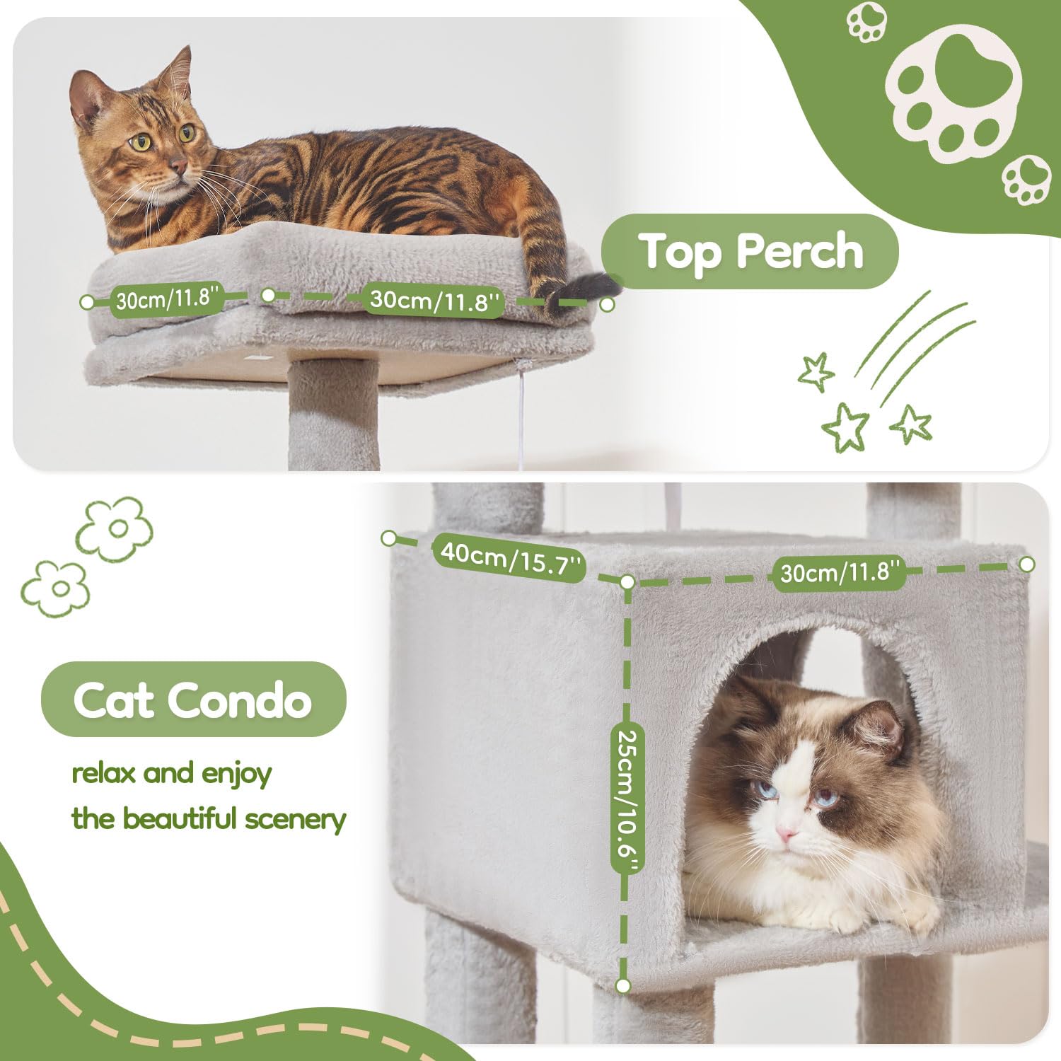 Taoqimiao MS042W cat tree perches offer comfy resting spots for large cats.