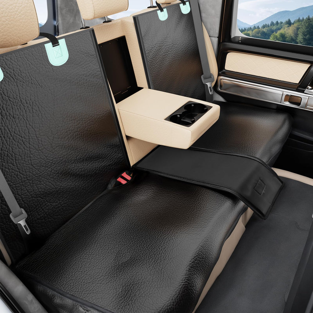 Tapizado dog car seat cover on back seat protects PU leather from paws and spills.