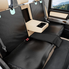 Tapizado dog car seat cover on back seat protects PU leather from paws and spills.