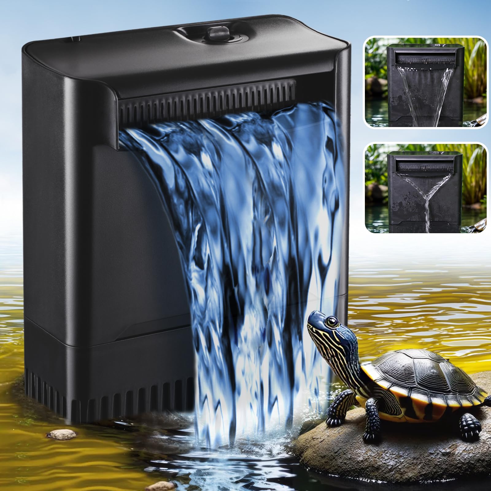 TARARIUM 290GPH turtle filter front view shows compact design and clear media chamber