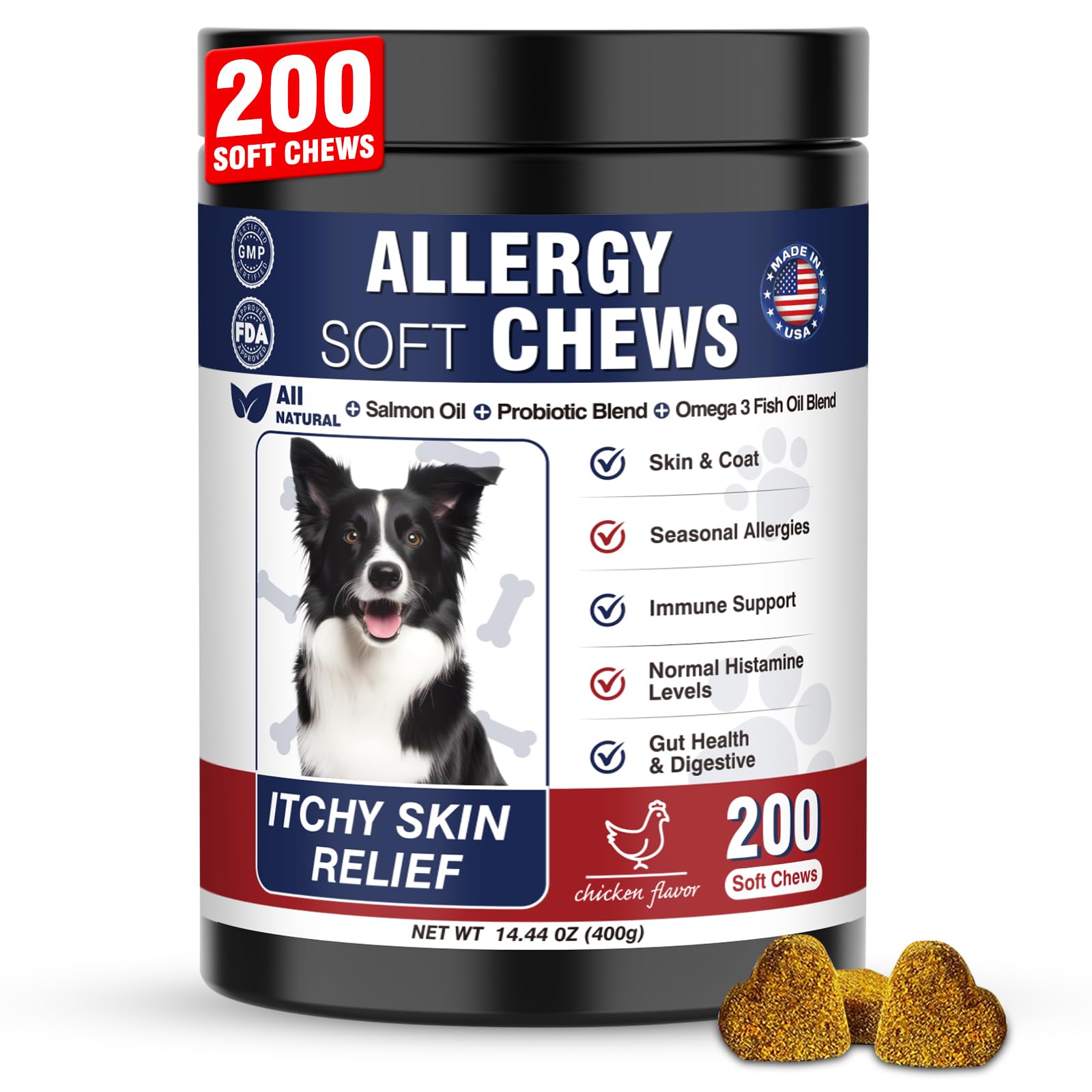 Taraxa dog allergy relief bottle demonstrates seasonal itch support for dogs.