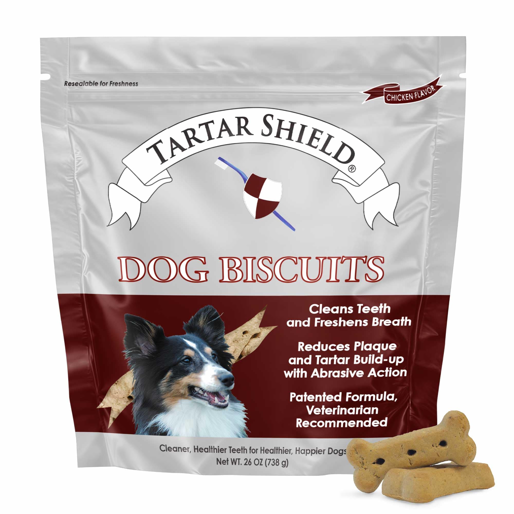 Tartar Shield dental dog biscuits packaging highlights USA-made quality for daily dental care.