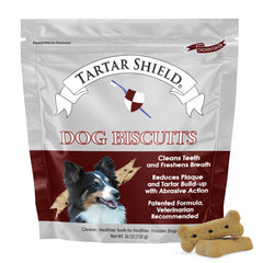 Tartar Shield dental dog biscuits packaging highlights USA-made quality for daily dental care.
