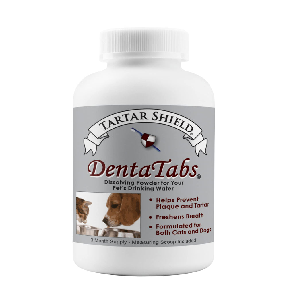 Tartar Shield DentaTabs bottle-front showing natural pet dental care.