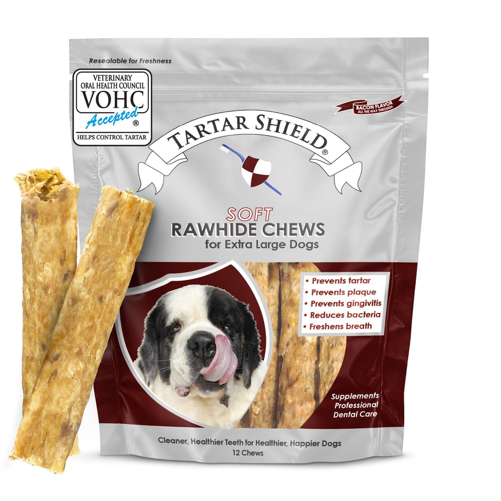 Tartar Shield soft rawhide chews for large dogs promote cleaner teeth and fresher breath.