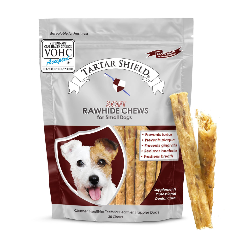 Tartar Shield soft rawhide chews for small dogs pack promotes cleaner teeth and fresher breath.