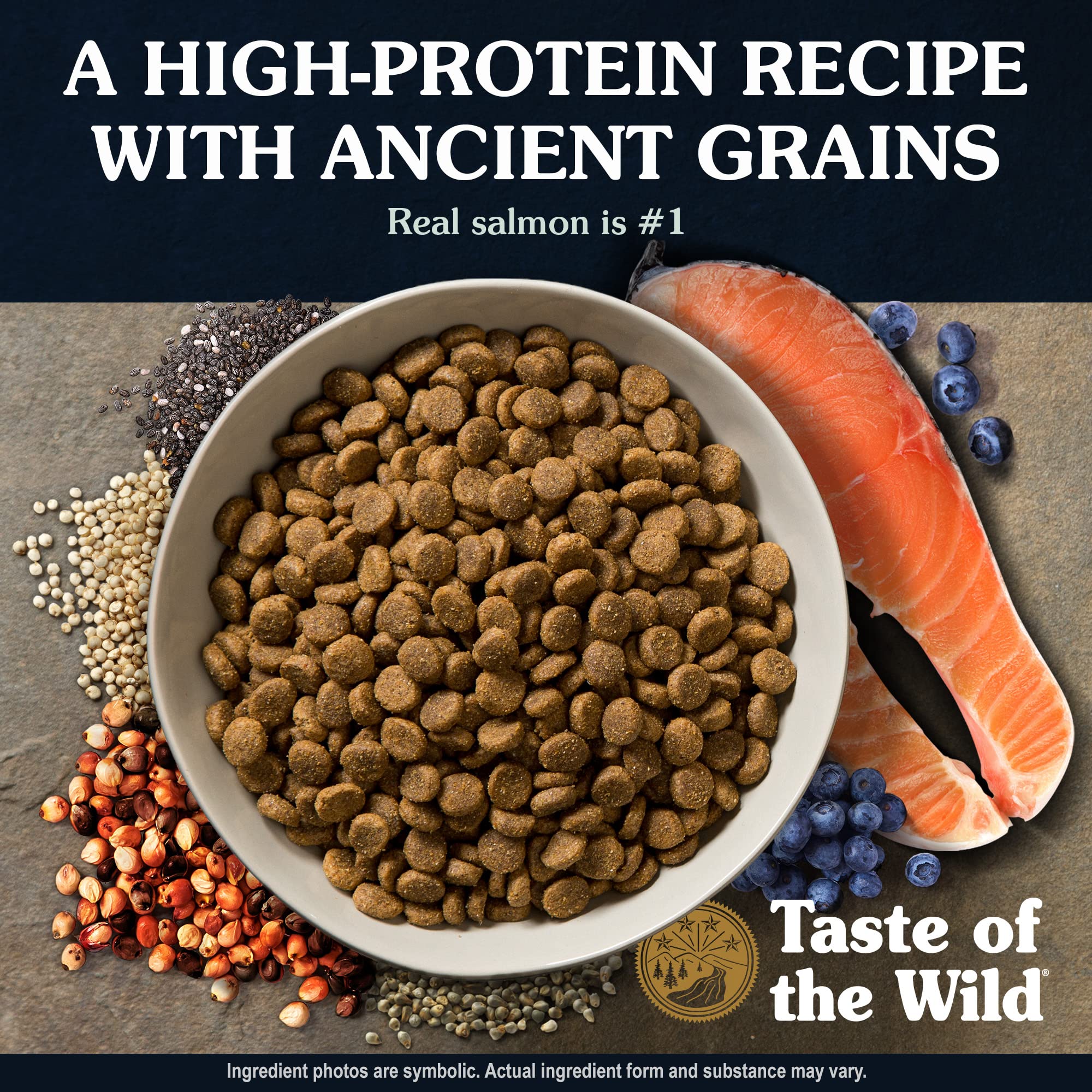 Taste of the Wild Ancient Stream kibble closeup shows 30 percent protein