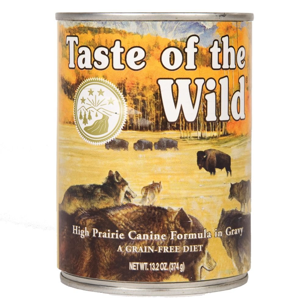 Taste of the Wild High Prairie can dog food gravy pour demonstrates flavorful, complete meal option for dogs.