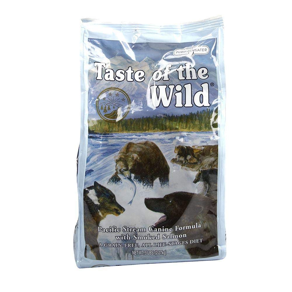 Taste of the Wild Pacific Stream dog food bag front highlighting grain-free salmon-based formula for healthy energy