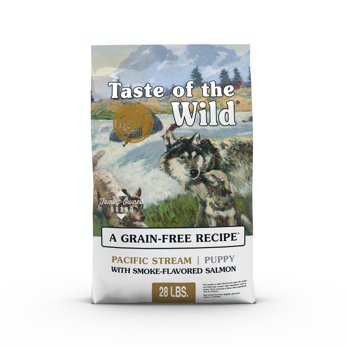 Taste of the Wild Pacific Stream Puppy bag-front highlights grain-free nutrition for growing puppies.