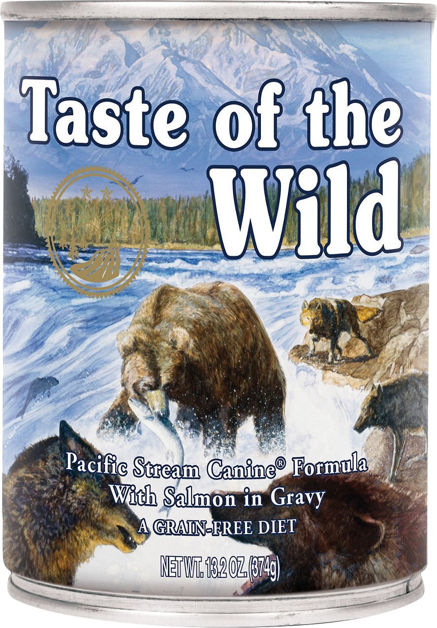 Taste of the Wild Pacific Stream Salmon in Gravy wet dog food can—omega-3 rich meals.