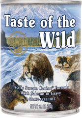 Taste of the Wild Pacific Stream Salmon in Gravy wet dog food can—omega-3 rich meals.