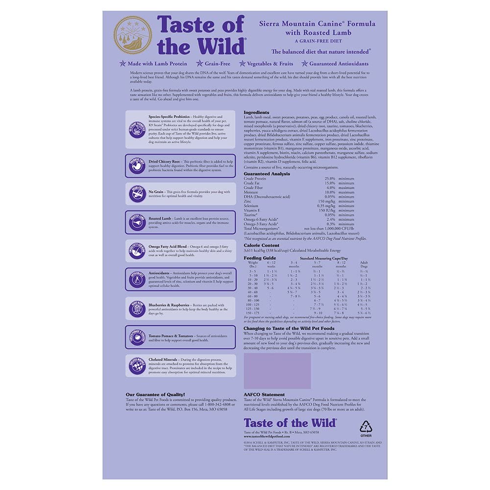 Taste of the Wild Sierra Mountain packaging highlights grain-free all life stages formula