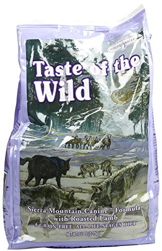 Taste of the Wild Sierra Mountain dry dog food bag highlights grain-free nutrition for active dogs.