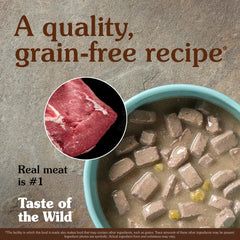 Taste of the Wild real beef ingredient label emphasizes quality protein and palatability.