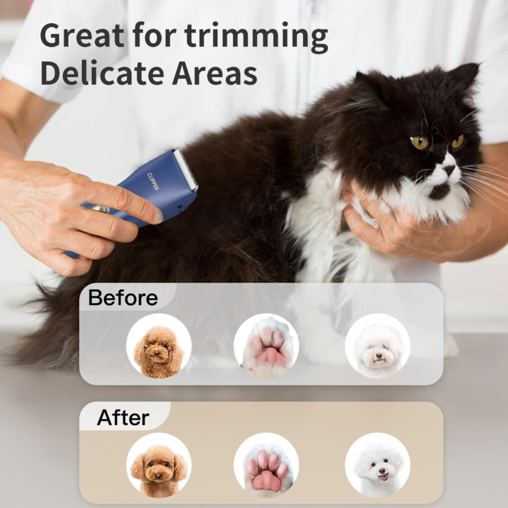 Tawiijou Pet Hair Clipper low-noise operation for calm grooming sessions.