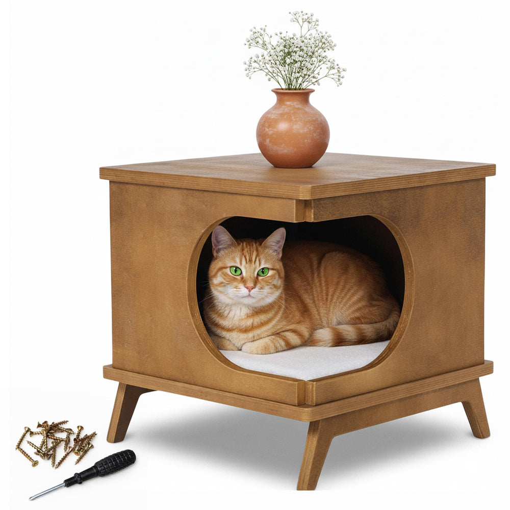 TAYROCK modern wooden cat bed end table with cushion—cozy cat nap spot.