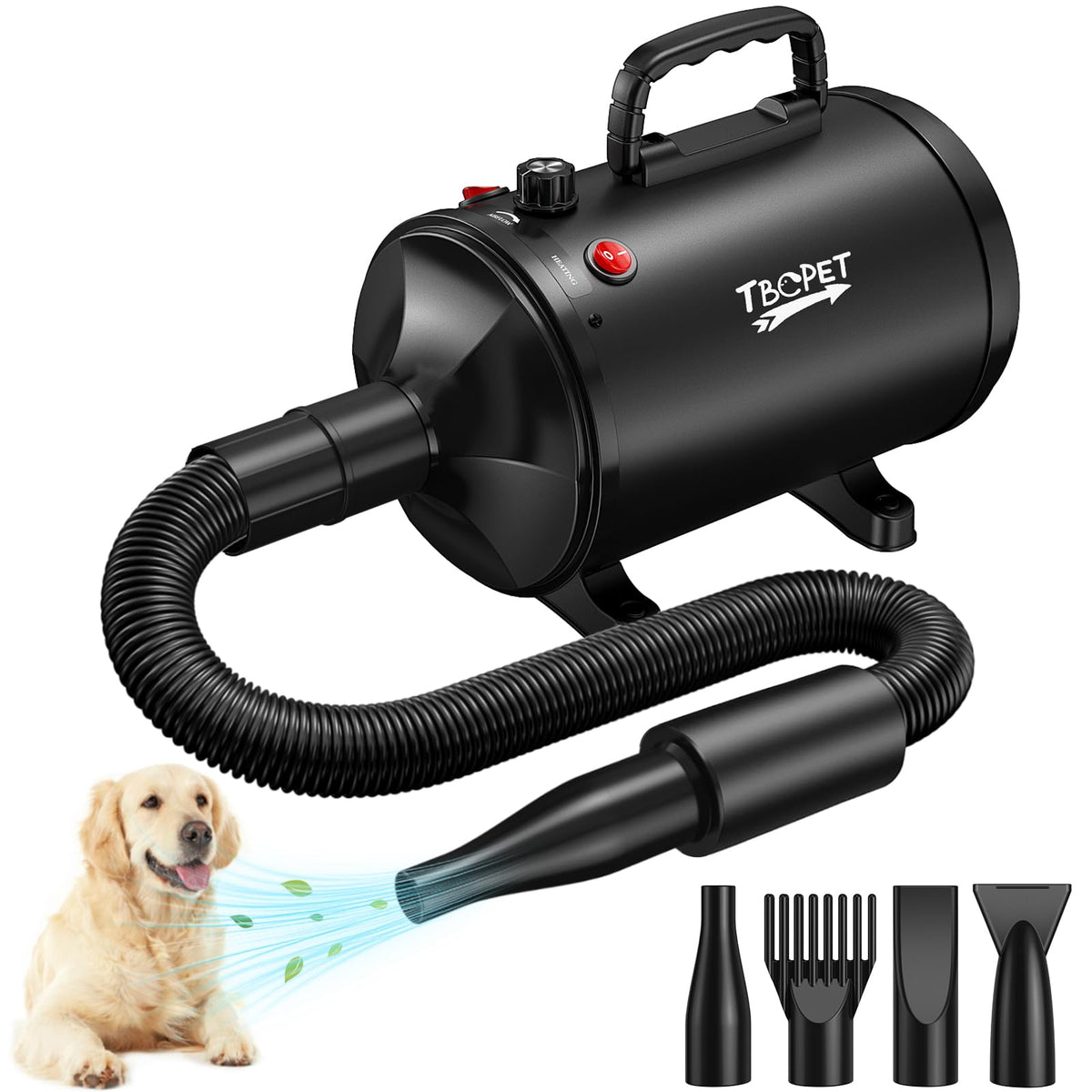 TBC PET dog dryer front view shows powerful airflow for fast drying.