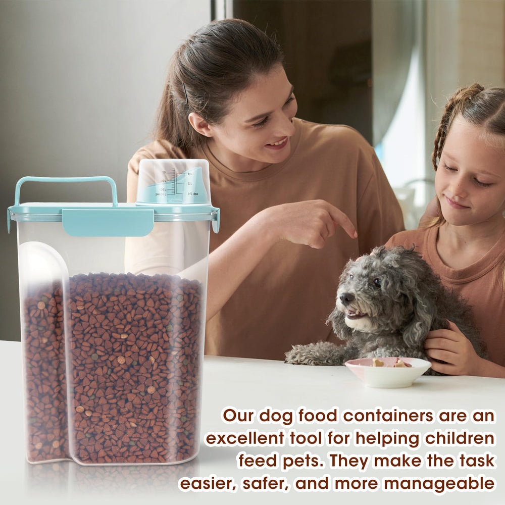 TBMax dog food container includes measuring cup for accurate portions.