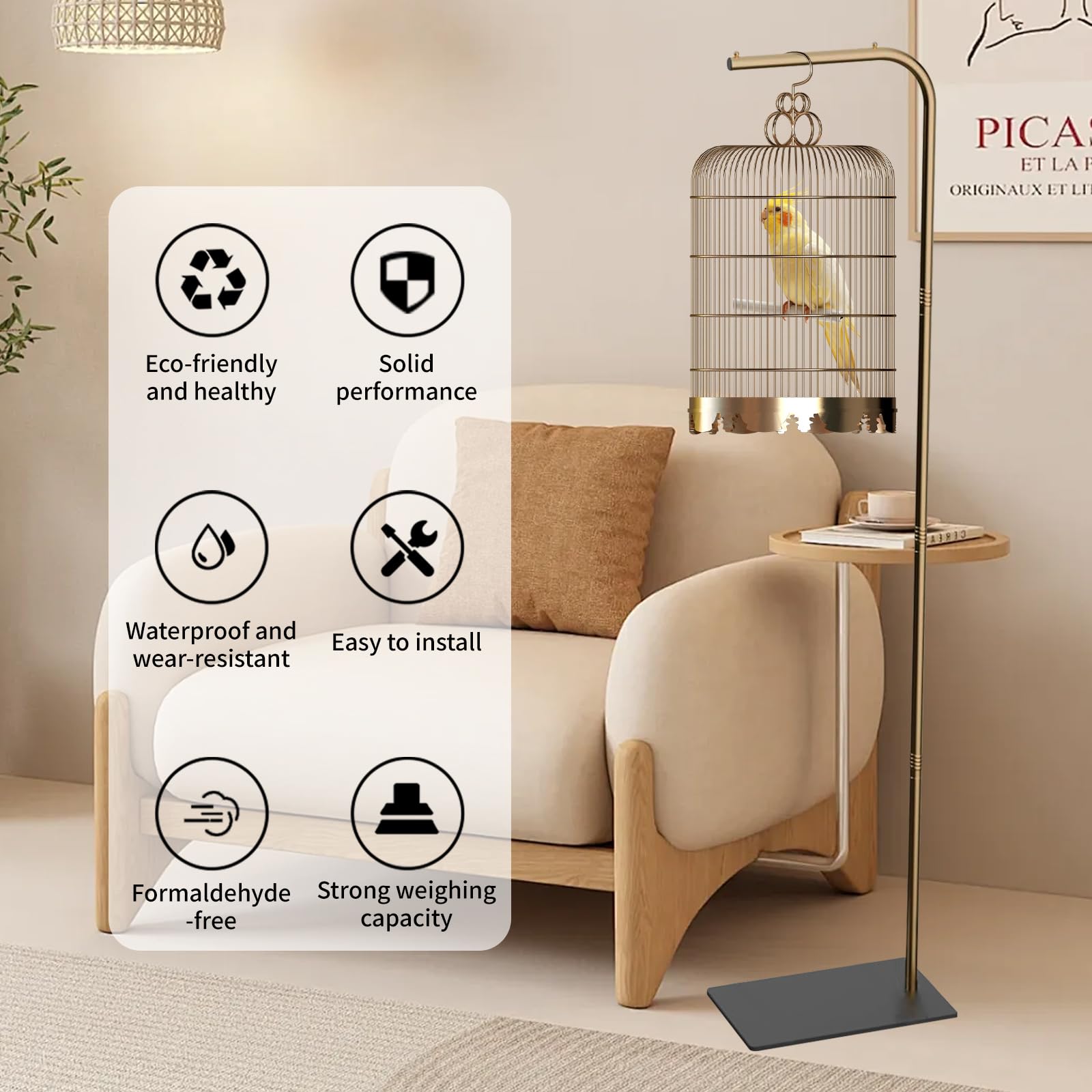 TBTFW suspension-design bird stand illustrating secure hanging position