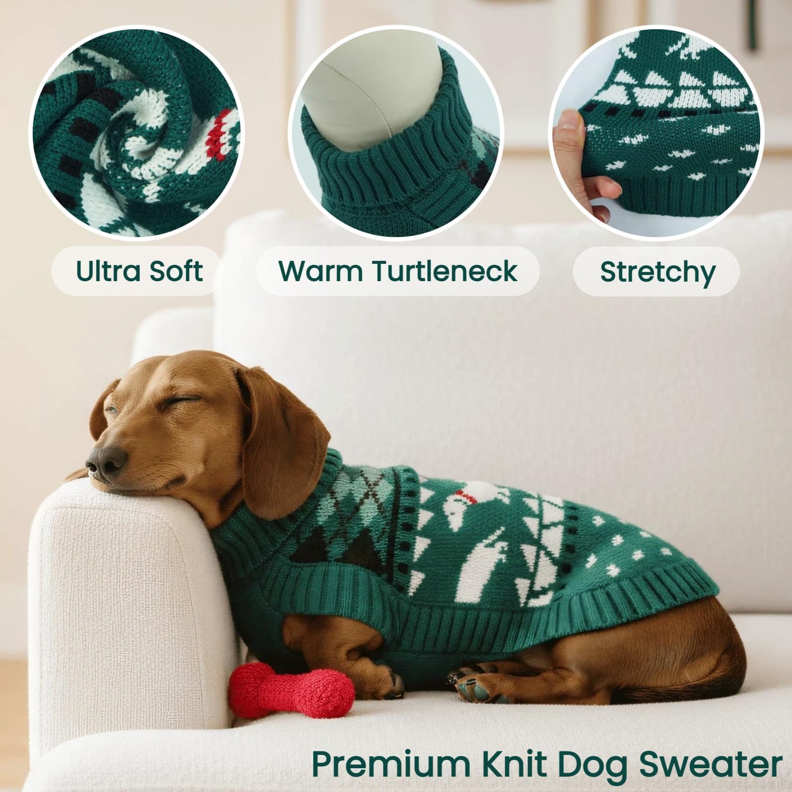 T'CHAQUE Christmas dachshund sweater back view, full-back fit for long bodies