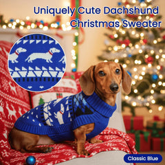 T'CHAQUE Christmas dachshund sweater features belly cut for easy potty breaks