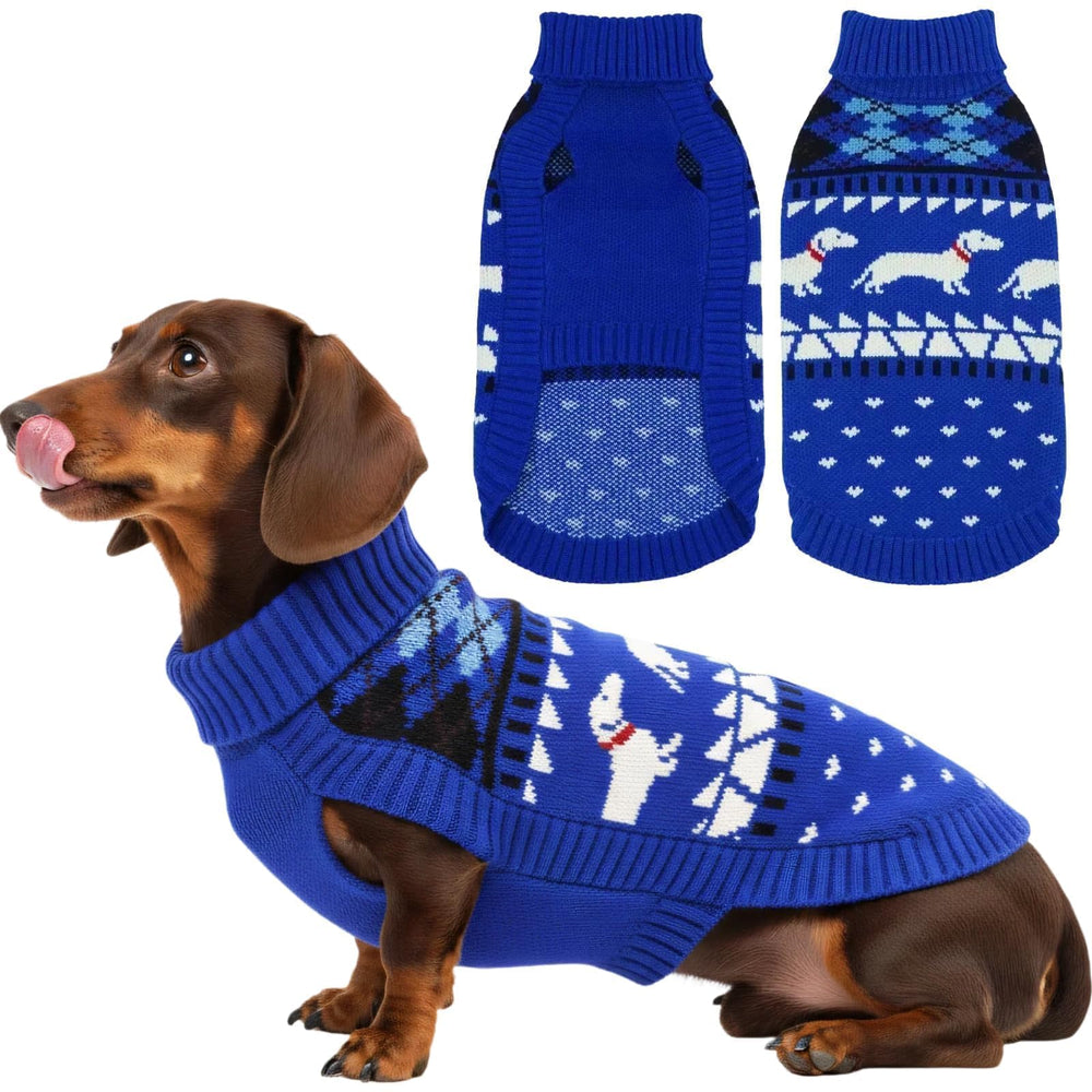 T’CHAQUE Christmas dachshund sweater in blue with festive pattern for warm holidays