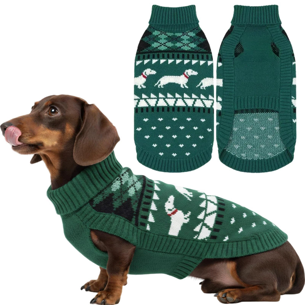T'CHAQUE Christmas dachshund sweater front view, cozy festive warmth for small dogs