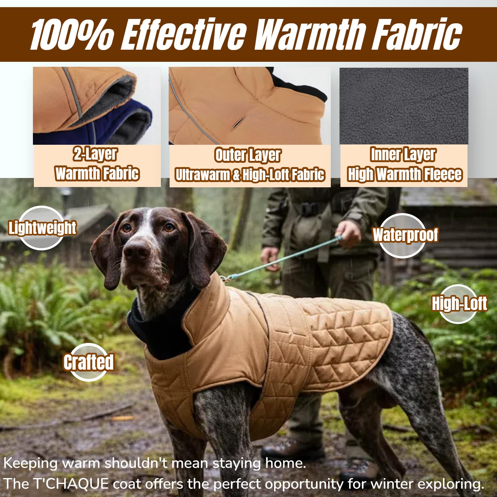 T'CHAQUE leash portal coat design enables quick harness attachment on hikes.